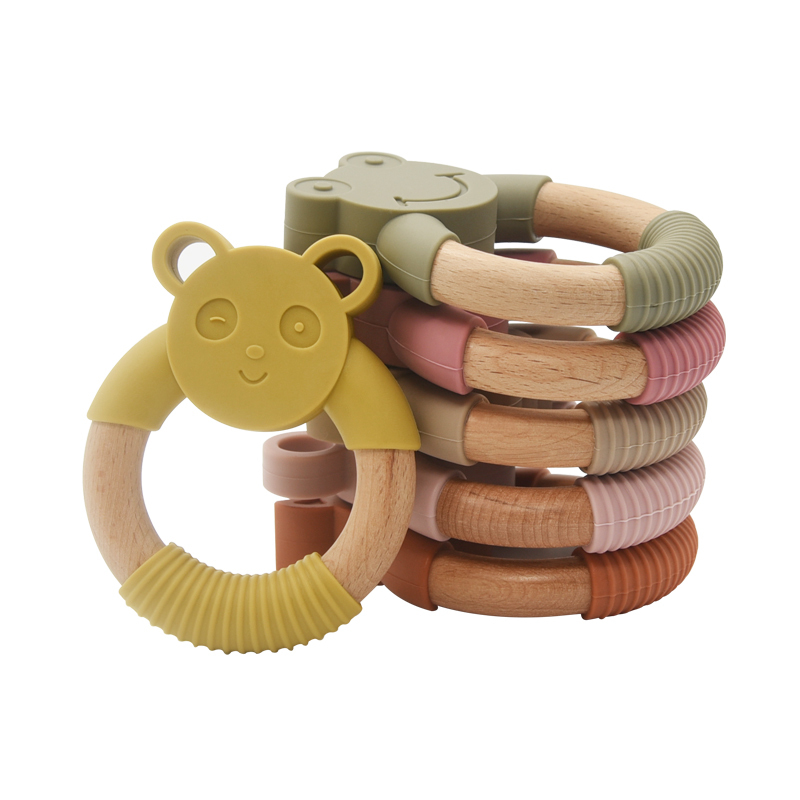 Baby Teething Ring Wooden Fun Bear Bunny Teether Ring BPA Free Chew Toy
