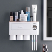 Bathroom Organiser Toothbrush Holder Wall Mount Toothpaste Dispenser (3 Cup) (Pink)