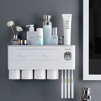 Bathroom Organiser Toothbrush Holder Wall Mount Toothpaste Dispenser (4 Cup) (Grey)