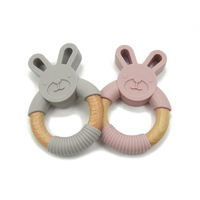 Baby Teething Ring Wooden Fun Bear Bunny Teether Ring BPA Free Chew Toy 