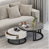 Marble Coffee Table Round Gloss Finish With Storage Drawer (White & Grey)
