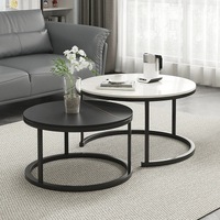 Nesting Coffee Table Marble Look Round Stackable Set (White & Black)