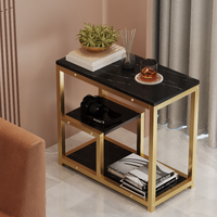 Side Table Marble 3 Shelf Bedside Sofa Table Plant Stand (Black Gold)
