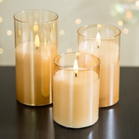 3D Glass Pillar Flameless LED Candle Gold With Remote Control (3 Set)
