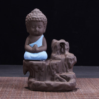 Incense Burner Monk Buddha Ceramic Backflow Back Burn Incense (Blue)