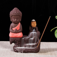 Incense Burner Monk Buddha Ceramic Backflow Back Burn Incense (Red)
